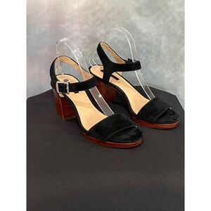 Frye Black Suede Block Wood Heel Ankle Strap Sandals Women Size 8.5
